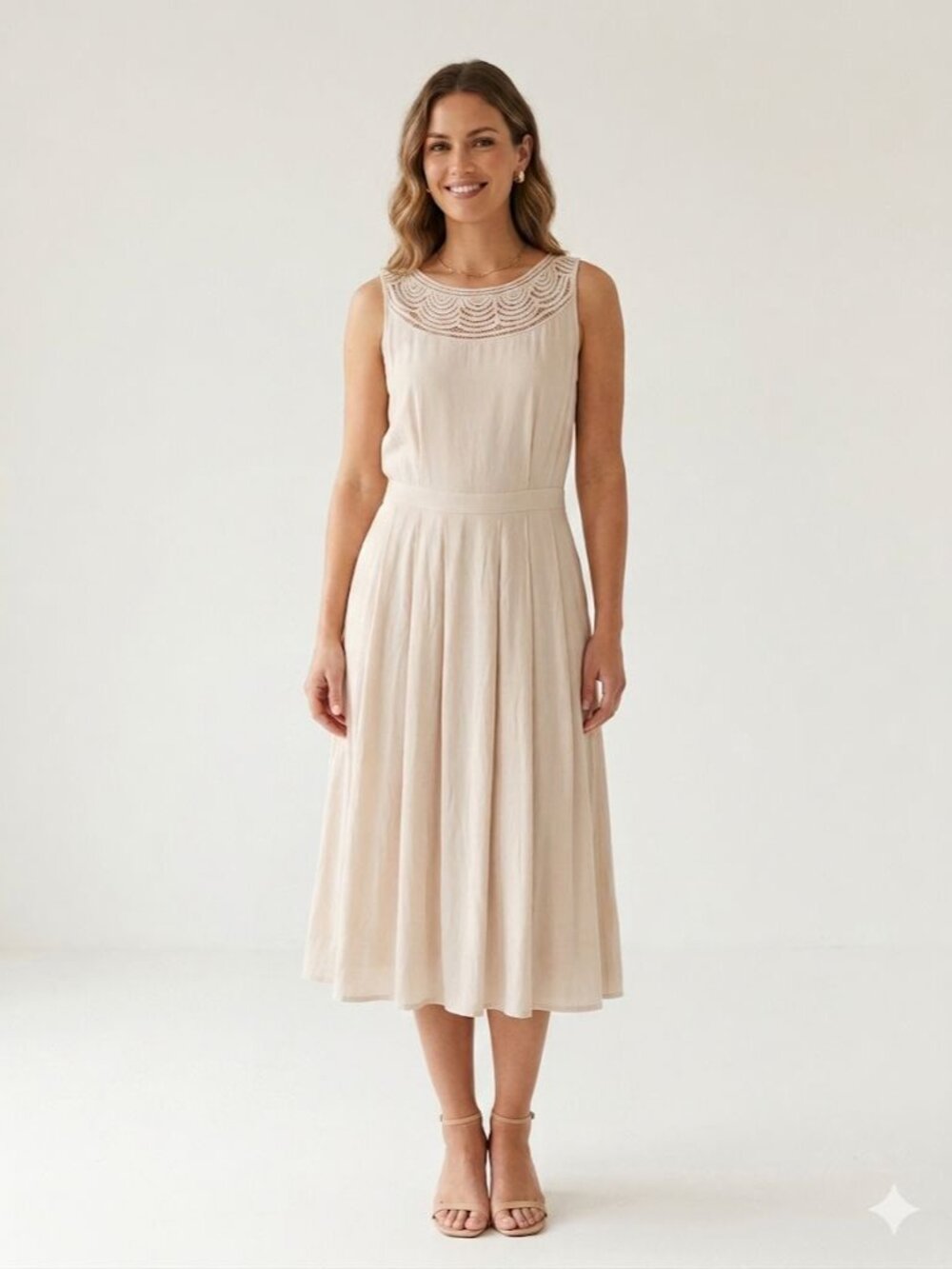 Gerard Darel Paris Cream Embroidered Scallop Neck Midi Dress 100% Rayon 40(US 8)